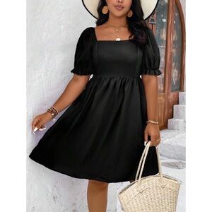 Black Square Neck Mini Dress with Puff Sleeves - Flattering A-Line Fit! - Med
